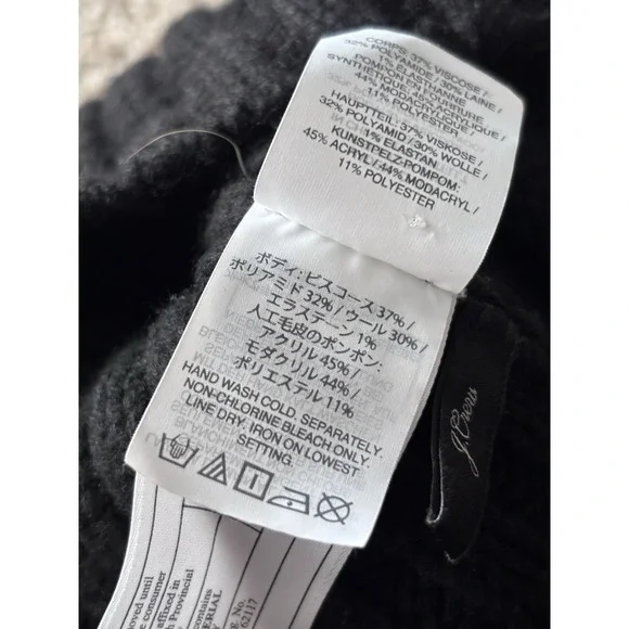 J Crew Womens One Size Black Ribbed Knit Hat Faux Fur Pom Wool Blend‎ Neutral - Picture 3 of 6